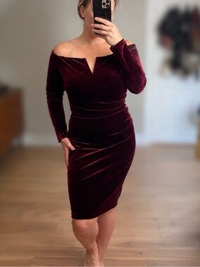 Xscape Off-Shoulder Velvet Sheath Dress in Burgundy